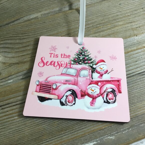 Tis the Season Snowman Pink Truck 3.5" Square Wooden Ornament - Picture 5 of 5